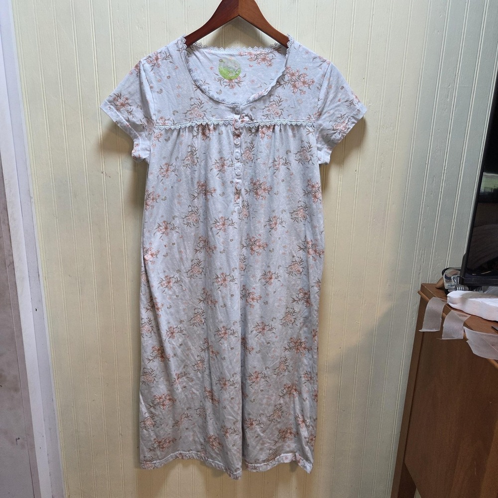 White Orchid Sleep Gown Womens Small Gray Floral Lace Button Jersey Nightgown
